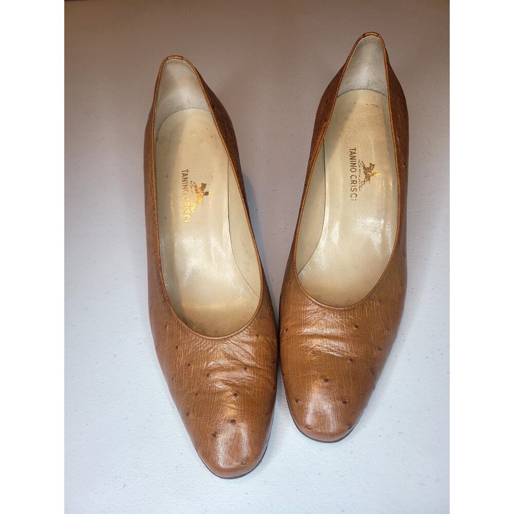 Vintage Tanino Crisci Brown Ostrich Textured Leather Pumps Handmade Italy 9.5 B